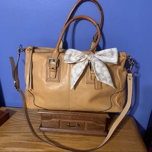 Coach tan leather Satchel with Scarf and original box.